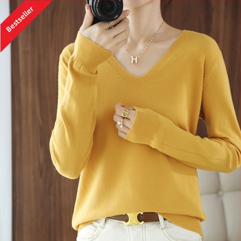 Φθινοπωρινό και Χειμερινό μη μαλλί γυναικείο πουλόβερ με V λαιμόκοψη, κοντό μονόχρωμο, ευέλικτο πουλόβερ γυναικείο λεπτό κάτω μέρος, χονδρική πώληση σε όλη τη χώρα