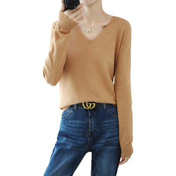 Φθινοπωρινό και Χειμερινό μη μαλλί γυναικείο πουλόβερ με V λαιμόκοψη, κοντό μονόχρωμο, ευέλικτο πουλόβερ γυναικείο λεπτό κάτω μέρος, χονδρική πώληση σε όλη τη χώρα