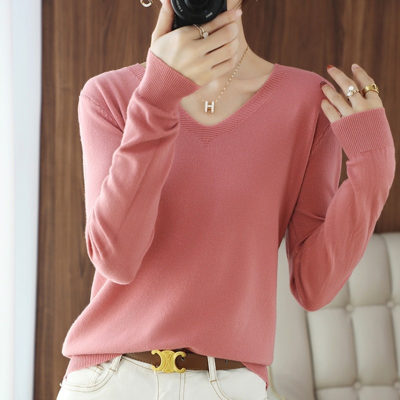 Φθινοπωρινό και Χειμερινό μη μαλλί γυναικείο πουλόβερ με V λαιμόκοψη, κοντό μονόχρωμο, ευέλικτο πουλόβερ γυναικείο λεπτό κάτω μέρος, χονδρική πώληση σε όλη τη χώρα