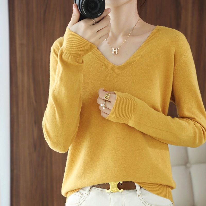 Φθινοπωρινό και Χειμερινό μη μαλλί γυναικείο πουλόβερ με V λαιμόκοψη, κοντό μονόχρωμο, ευέλικτο πουλόβερ γυναικείο λεπτό κάτω μέρος, χονδρική πώληση σε όλη τη χώρα