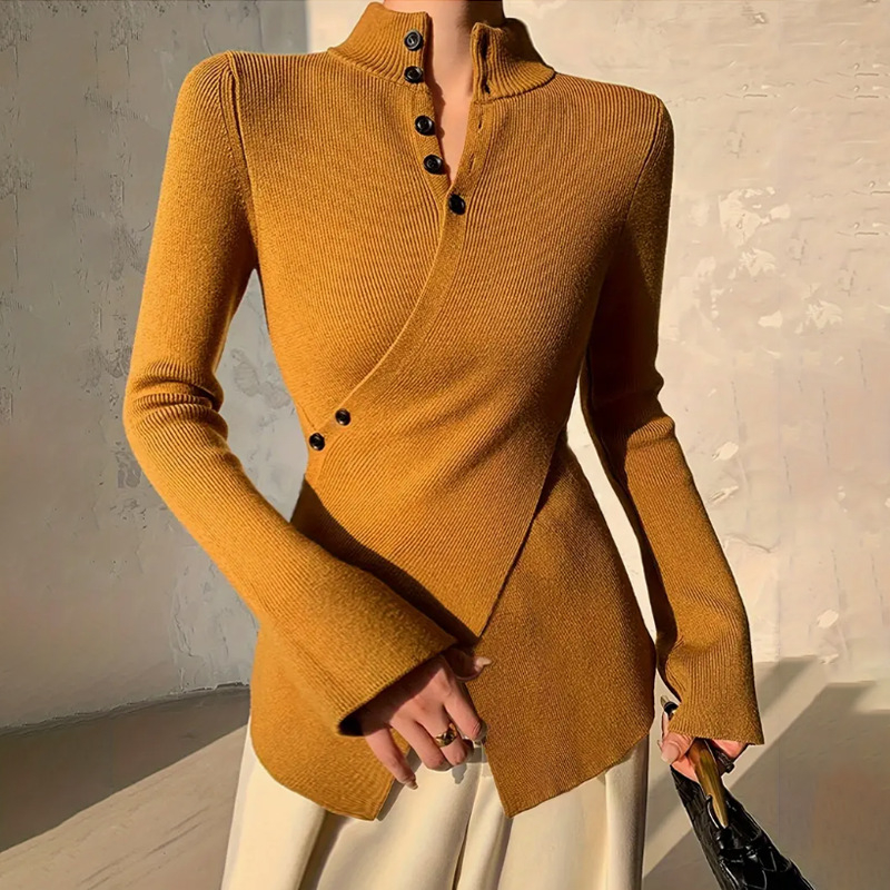 Dámsky sveter s dlhým rukávom a nepravidelným lemom, vysoký golier a základná košeľa, európsky a americký cezhraničný zahraničný obchod, dámsky krížový sveter s dlhým rukávom, univerzálny top