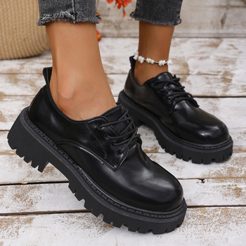 Vanjskotrgovinske prekogranične plus veličine 35-43 Crne mokasine Ženske nišne cipele s vezicama i debelim potplatom, kožne cipele Retro jednoslojne cipele za žene