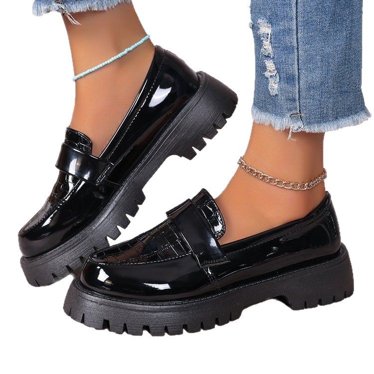 Zahraničný obchod plus size okrúhla hlava platforma torta s kockovanými svetlými koženými módnymi topánkami 2025 jarné nové nízke podpätky malé kožené topánky Temu