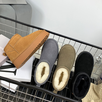 Naiste villased talvesaapad, fliisvoodriga, ehtsast nahast, paksu tallaga, lühikesed, libisemiskindlad, kõrgust suurendavad, soojad puuvillased saapad ja kingad