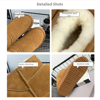 Naiste villased talvesaapad, fliisvoodriga, ehtsast nahast, paksu tallaga, lühikesed, libisemiskindlad, kõrgust suurendavad, soojad puuvillased saapad ja kingad