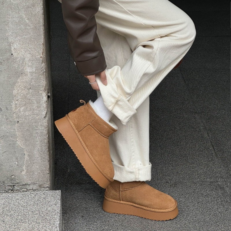 Naiste villased talvesaapad, fliisvoodriga, ehtsast nahast, paksu tallaga, lühikesed, libisemiskindlad, kõrgust suurendavad, soojad puuvillased saapad ja kingad