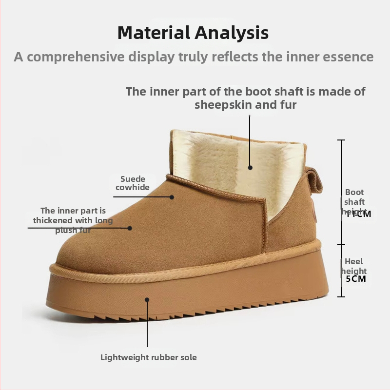 Дамски вълнени снежни ботуши за зимата, с полар, естествена кожа, с дебела подметка, къси, неплъзгащи се, увеличаващи височината, топли памучни ботуши и обувки