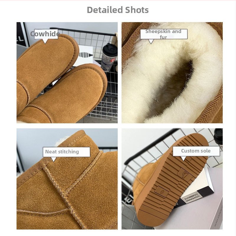 Дамски вълнени снежни ботуши за зимата, с полар, естествена кожа, с дебела подметка, къси, неплъзгащи се, увеличаващи височината, топли памучни ботуши и обувки