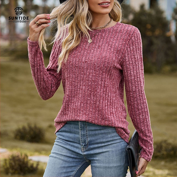 Europski i američki Amazon Jesenski i zimski novi okrugli izrez Brusna jama Jednobojni široki džemper Ležeran top Majica dugih rukava Žene