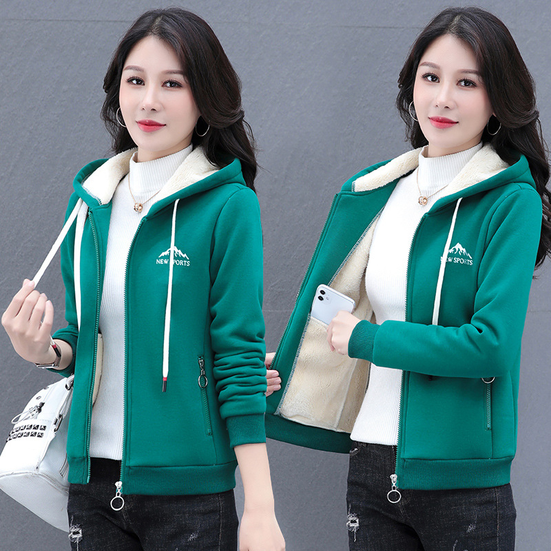 Dámsky jarný a jesenný všestranný sveter s dlhým rukávom a zipsom, lemovaný jahňacím flísom a zamatom, teplý a ležérny sveter s kapucňou