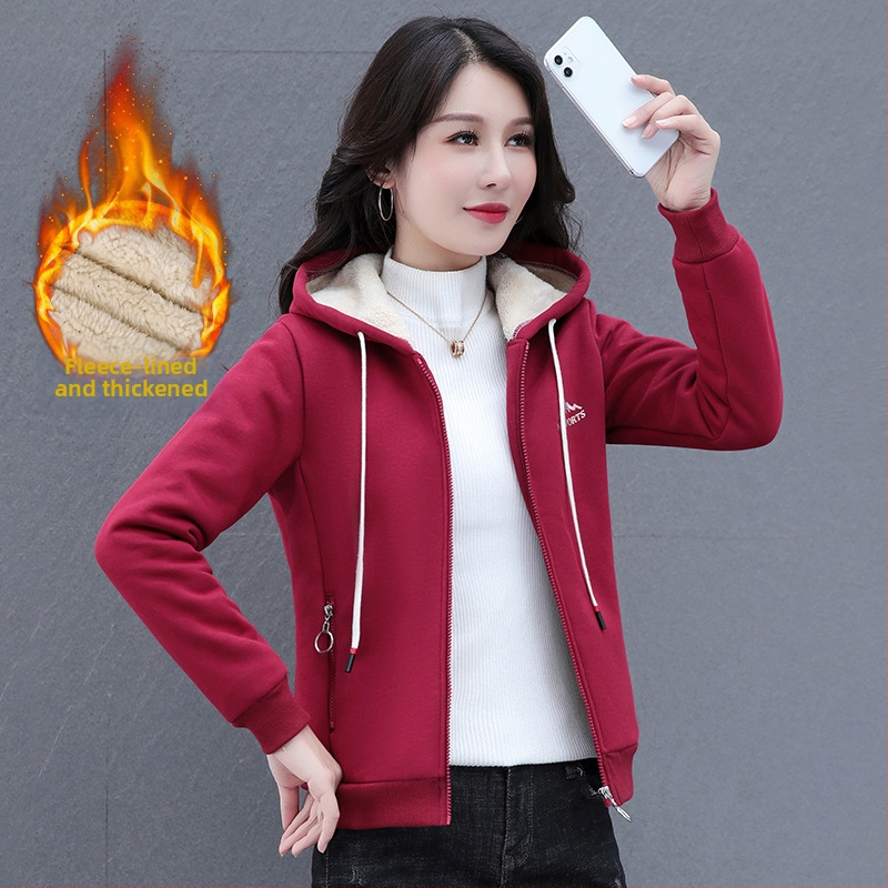 Pulover cu glugă, căptușit cu catifea, cald, casual, pentru femei, de primăvară și toamnă, cardigan cu mânecă lungă, asortat, cu buzunare cu fermoar