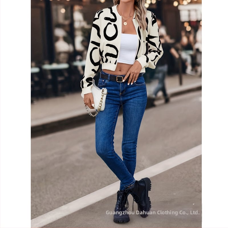 Γυναικεία ρούχα εξωτερικού εμπορίου 2024 με γεωμετρικό σχέδιο, εκτύπωση, σχεδιασμός, αίσθηση, εξειδικευμένο, απλό, μακρυμάνικο, ίσιο, casual, γυναικείο μπουφάν