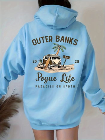 Суичър с джоб кенгуру и щампа на кола, ежедневен дълъг ръкав с връзки