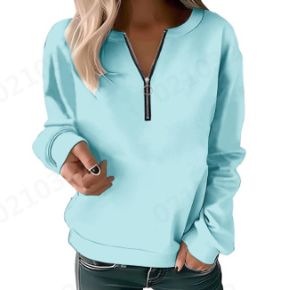 Bluză cu mânecă lungă pentru femei, toamna și iarna 2023, cu guler rotund și imprimeu, cu fermoar lejer