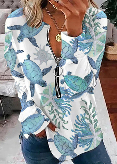 Bluză cu mânecă lungă pentru femei, toamna și iarna 2023, cu guler rotund și imprimeu, cu fermoar lejer