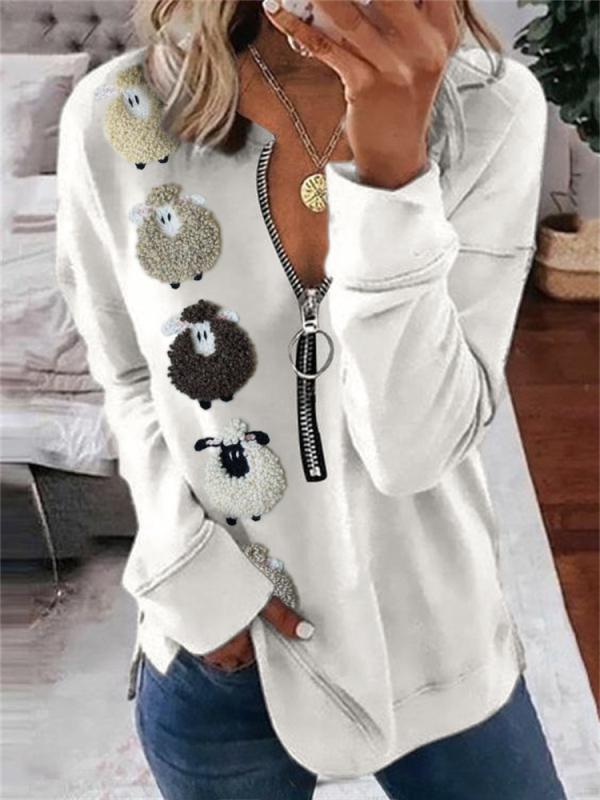 Bluză cu mânecă lungă pentru femei, toamna și iarna 2023, cu guler rotund și imprimeu, cu fermoar lejer