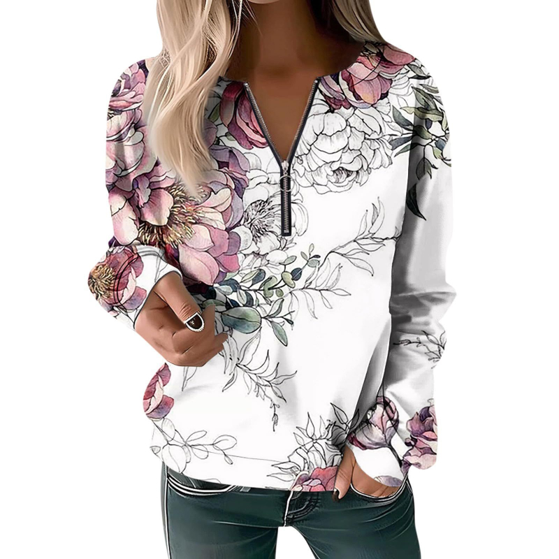 Bluză cu mânecă lungă pentru femei, toamna și iarna 2023, cu guler rotund și imprimeu, cu fermoar lejer
