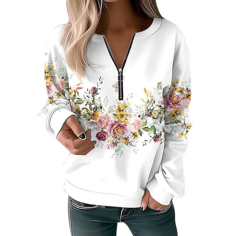 Bluză cu mânecă lungă pentru femei, toamna și iarna 2023, cu guler rotund și imprimeu, cu fermoar lejer