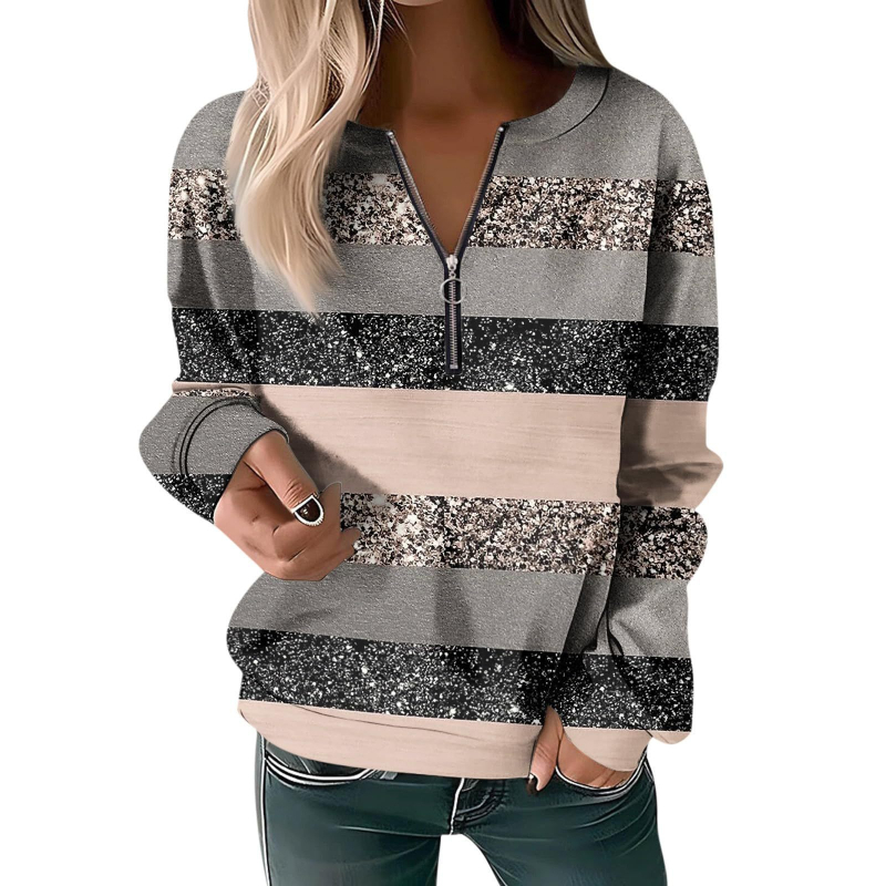 Bluză cu mânecă lungă pentru femei, toamna și iarna 2023, cu guler rotund și imprimeu, cu fermoar lejer