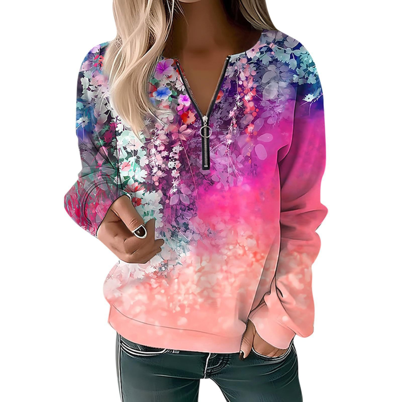 Bluză cu mânecă lungă pentru femei, toamna și iarna 2023, cu guler rotund și imprimeu, cu fermoar lejer