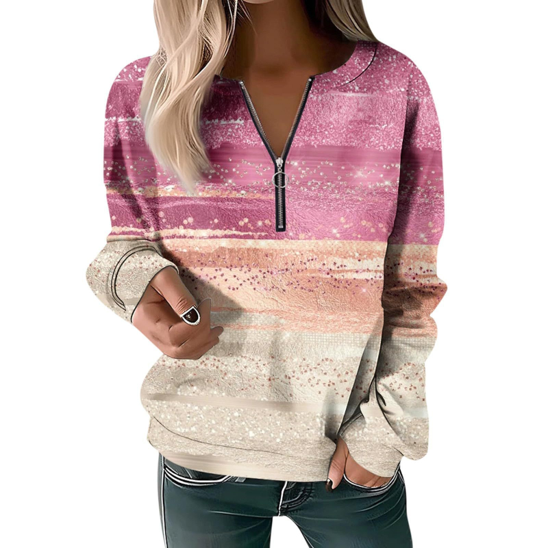 Bluză cu mânecă lungă pentru femei, toamna și iarna 2023, cu guler rotund și imprimeu, cu fermoar lejer