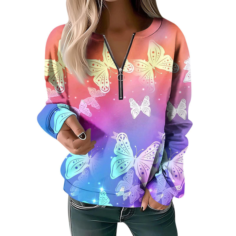 Bluză cu mânecă lungă pentru femei, toamna și iarna 2023, cu guler rotund și imprimeu, cu fermoar lejer