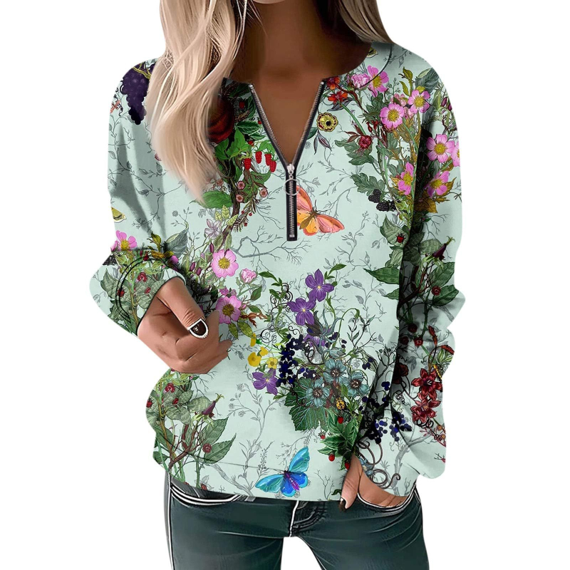 Bluză cu mânecă lungă pentru femei, toamna și iarna 2023, cu guler rotund și imprimeu, cu fermoar lejer