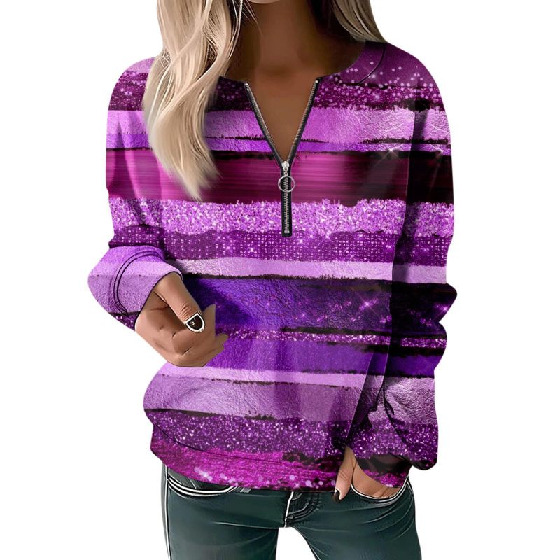 Bluză cu mânecă lungă pentru femei, toamna și iarna 2023, cu guler rotund și imprimeu, cu fermoar lejer