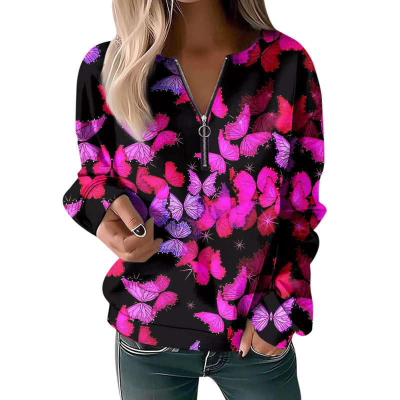 Bluză cu mânecă lungă pentru femei, toamna și iarna 2023, cu guler rotund și imprimeu, cu fermoar lejer