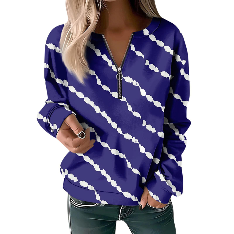 Bluză cu mânecă lungă pentru femei, toamna și iarna 2023, cu guler rotund și imprimeu, cu fermoar lejer