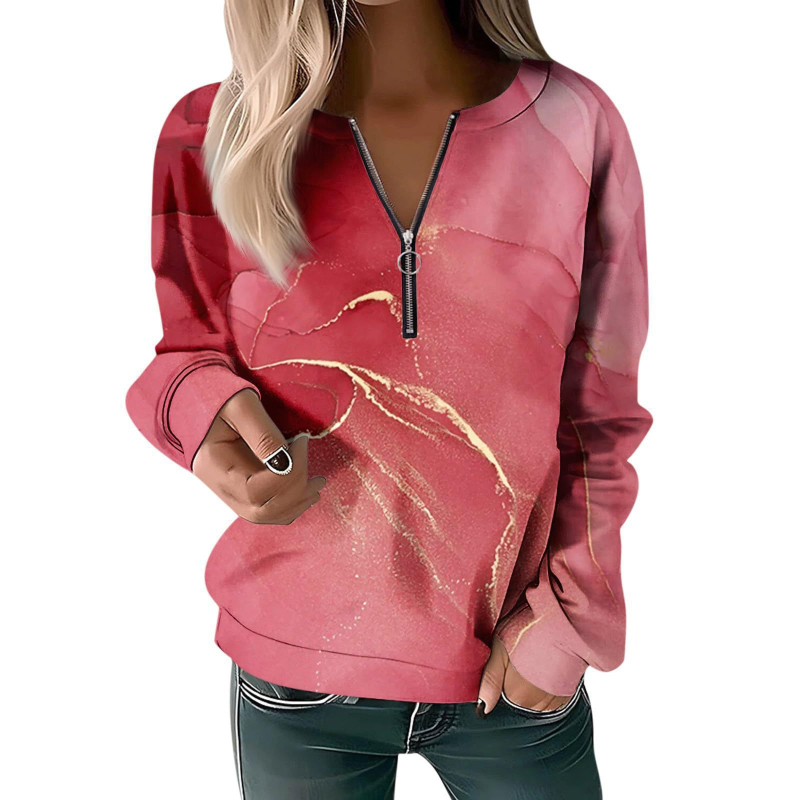 Bluză cu mânecă lungă pentru femei, toamna și iarna 2023, cu guler rotund și imprimeu, cu fermoar lejer