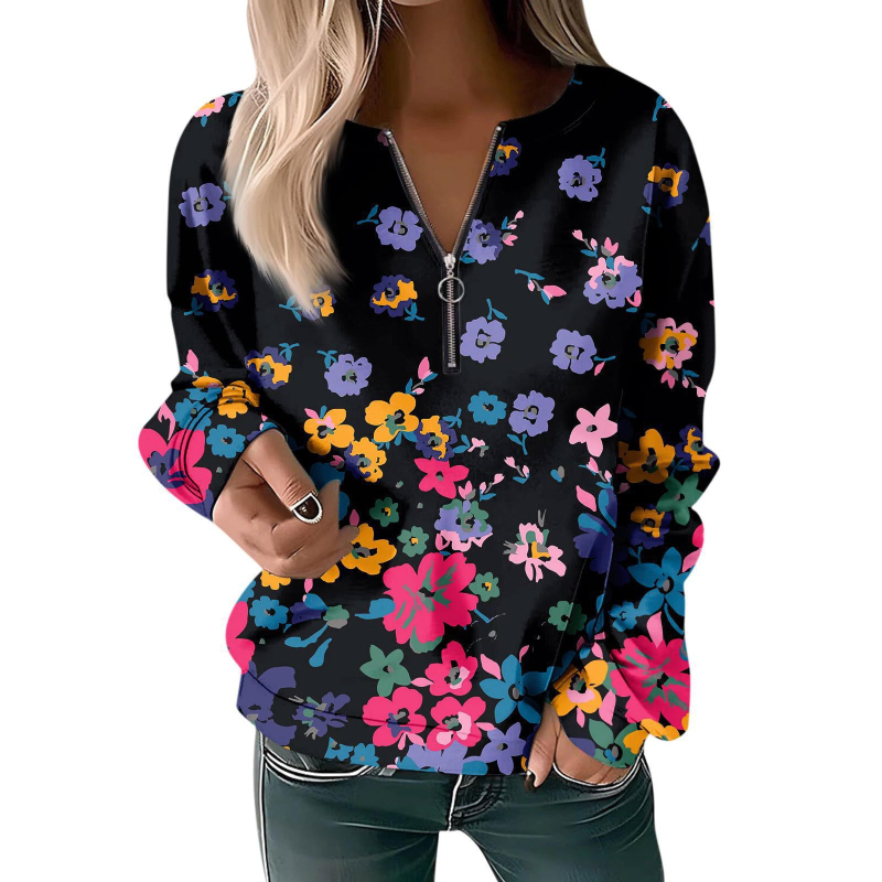 Bluză cu mânecă lungă pentru femei, toamna și iarna 2023, cu guler rotund și imprimeu, cu fermoar lejer