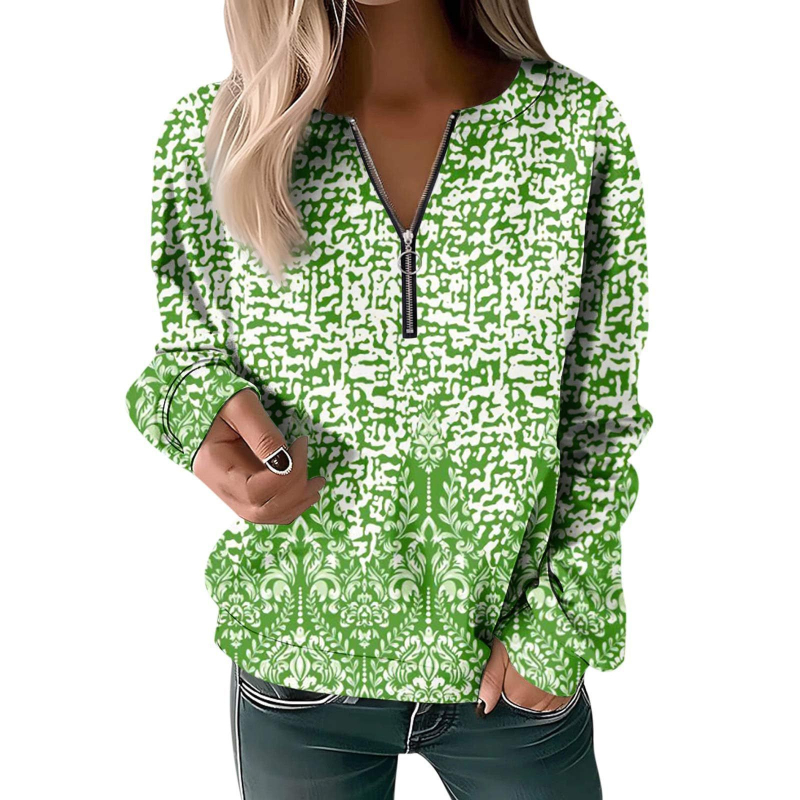 Bluză cu mânecă lungă pentru femei, toamna și iarna 2023, cu guler rotund și imprimeu, cu fermoar lejer