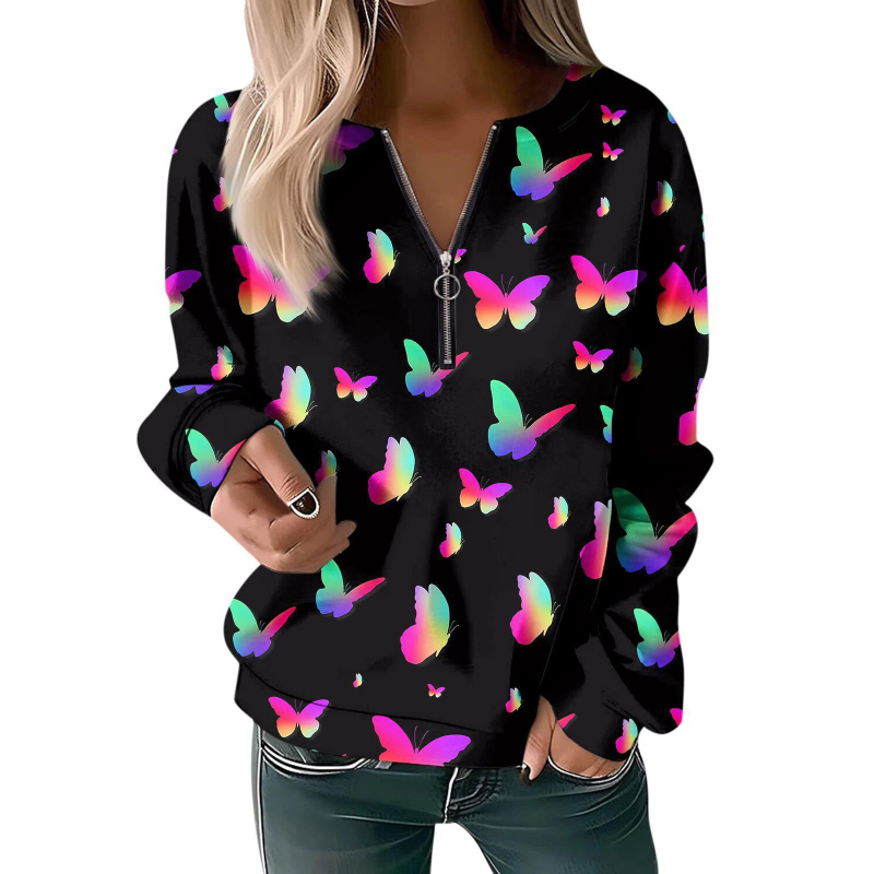 Bluză cu mânecă lungă pentru femei, toamna și iarna 2023, cu guler rotund și imprimeu, cu fermoar lejer
