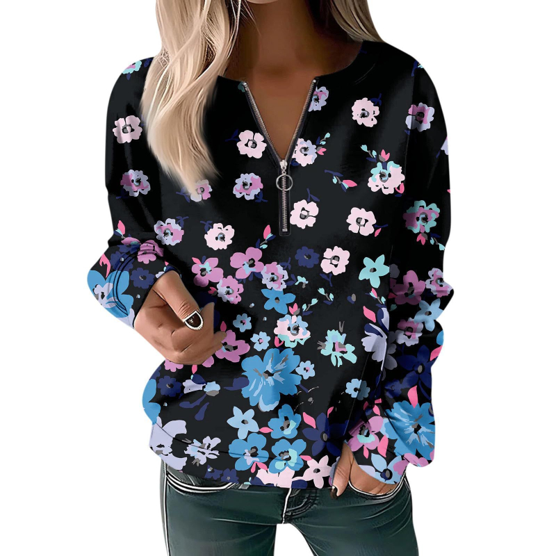 Bluză cu mânecă lungă pentru femei, toamna și iarna 2023, cu guler rotund și imprimeu, cu fermoar lejer