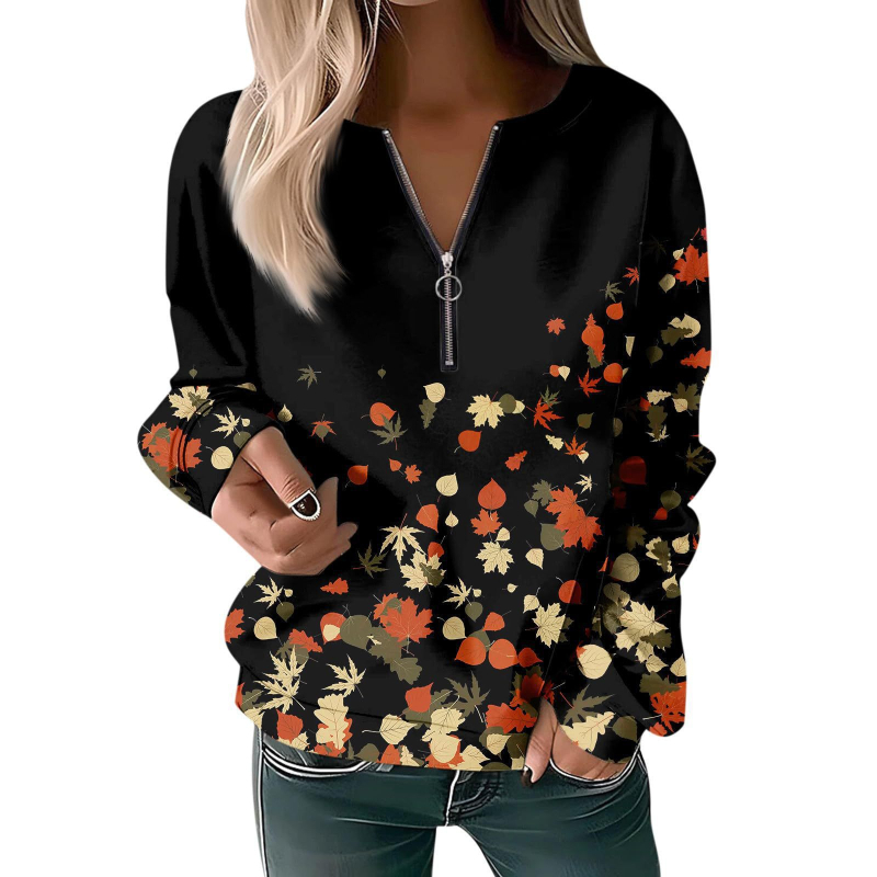 Bluză cu mânecă lungă pentru femei, toamna și iarna 2023, cu guler rotund și imprimeu, cu fermoar lejer