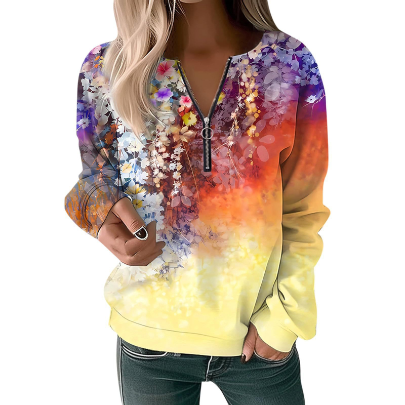 Bluză cu mânecă lungă pentru femei, toamna și iarna 2023, cu guler rotund și imprimeu, cu fermoar lejer