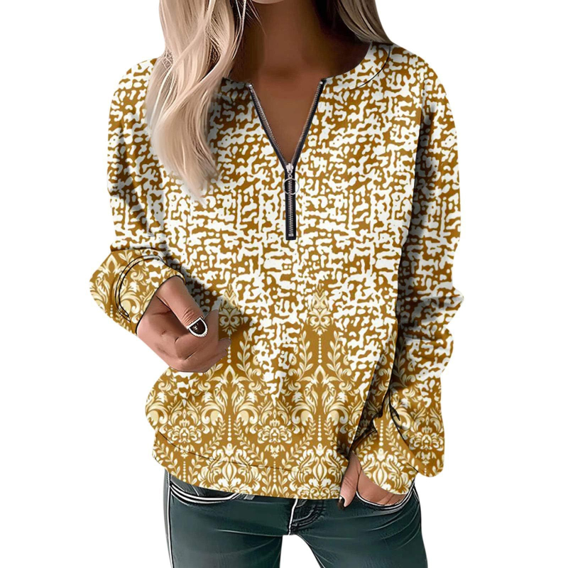 Bluză cu mânecă lungă pentru femei, toamna și iarna 2023, cu guler rotund și imprimeu, cu fermoar lejer