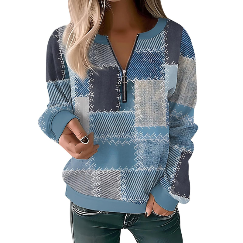 Bluză cu mânecă lungă pentru femei, toamna și iarna 2023, cu guler rotund și imprimeu, cu fermoar lejer