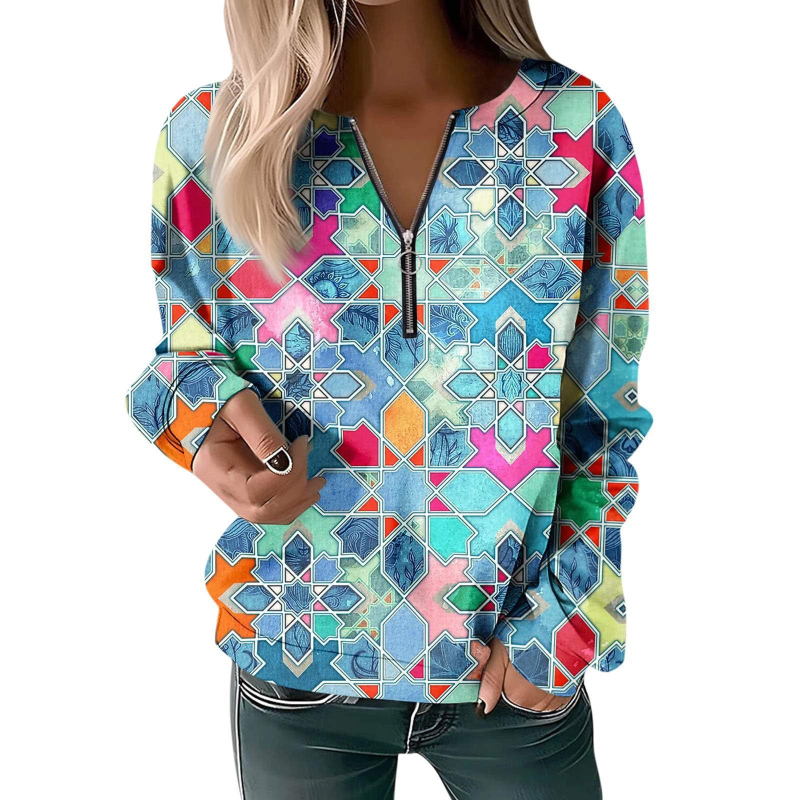 Bluză cu mânecă lungă pentru femei, toamna și iarna 2023, cu guler rotund și imprimeu, cu fermoar lejer