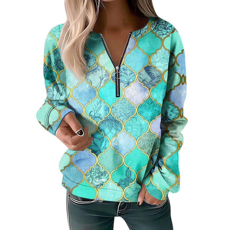 Bluză cu mânecă lungă pentru femei, toamna și iarna 2023, cu guler rotund și imprimeu, cu fermoar lejer