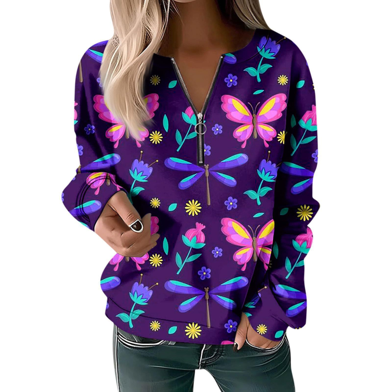 Bluză cu mânecă lungă pentru femei, toamna și iarna 2023, cu guler rotund și imprimeu, cu fermoar lejer