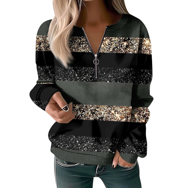 Bluză cu mânecă lungă pentru femei, toamna și iarna 2023, cu guler rotund și imprimeu, cu fermoar lejer