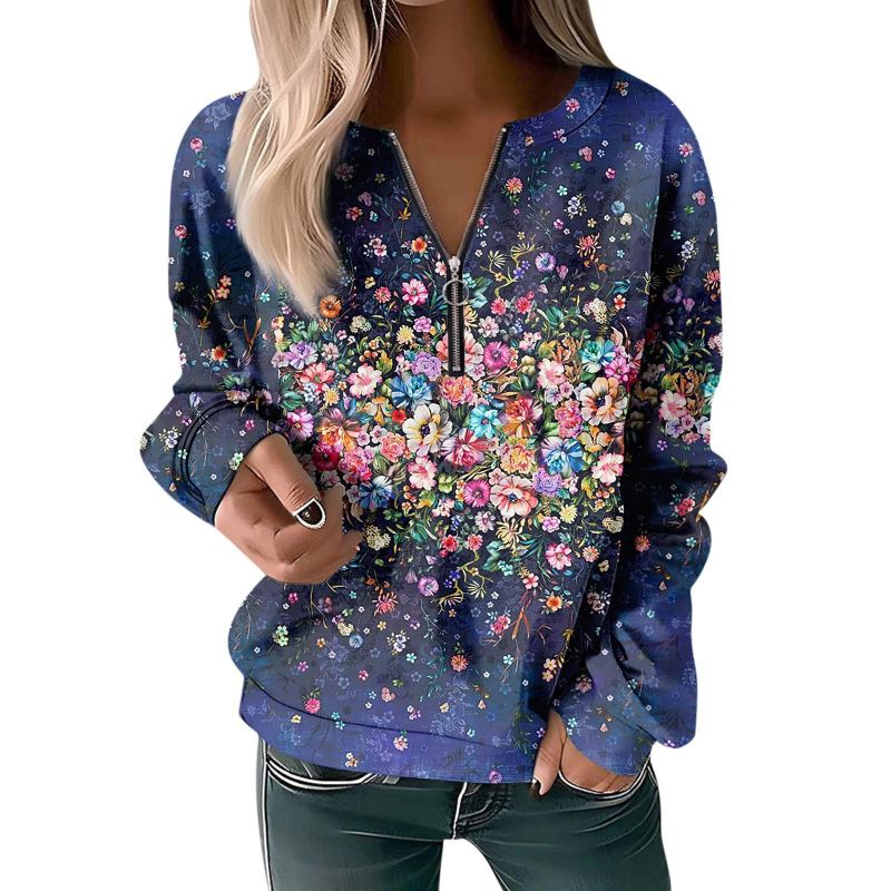 Bluză cu mânecă lungă pentru femei, toamna și iarna 2023, cu guler rotund și imprimeu, cu fermoar lejer