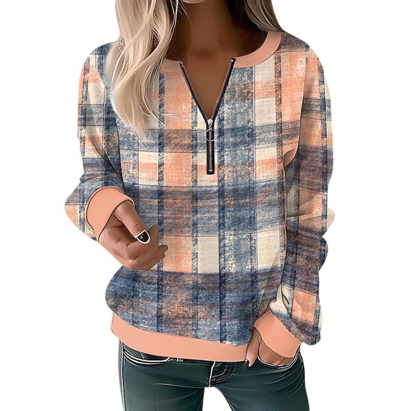 Bluză cu mânecă lungă pentru femei, toamna și iarna 2023, cu guler rotund și imprimeu, cu fermoar lejer