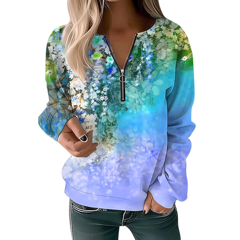 Bluză cu mânecă lungă pentru femei, toamna și iarna 2023, cu guler rotund și imprimeu, cu fermoar lejer