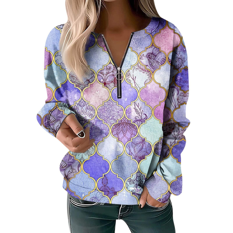 Bluză cu mânecă lungă pentru femei, toamna și iarna 2023, cu guler rotund și imprimeu, cu fermoar lejer