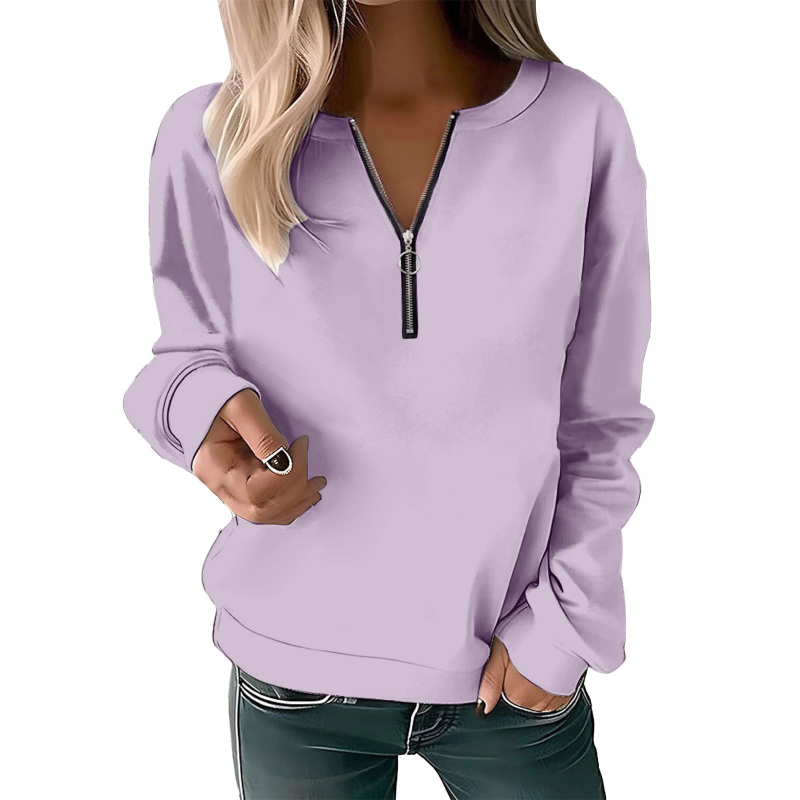 Bluză cu mânecă lungă pentru femei, toamna și iarna 2023, cu guler rotund și imprimeu, cu fermoar lejer