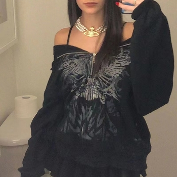 Dámsky tmavo potlačený sveter s flísovou podšívkou, voľný, univerzálny, retro sveter na zips