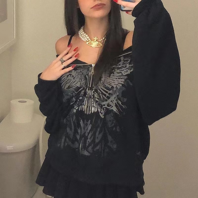 Dámsky tmavo potlačený sveter s flísovou podšívkou, voľný, univerzálny, retro sveter na zips